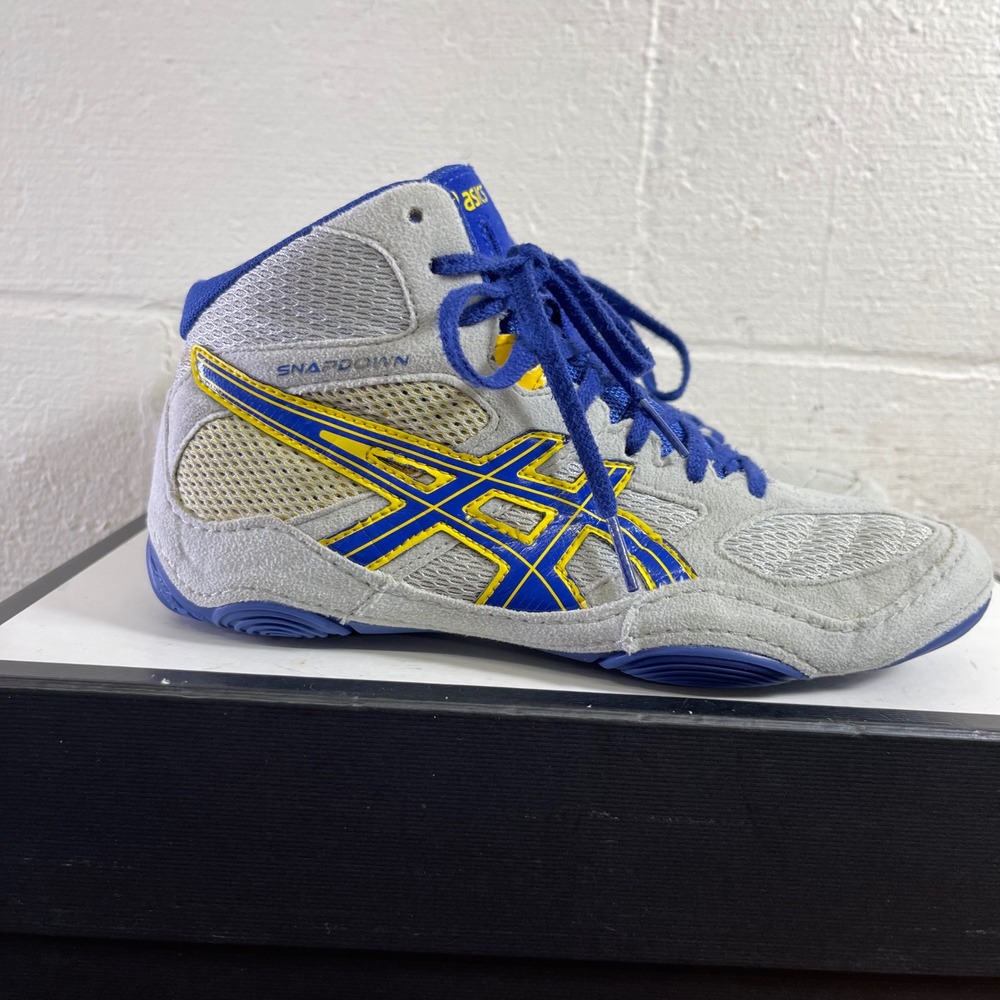 Asics Snapdown Gray True Blue J502Y Athletic Wrestling Shoes Sneaker Kids 5.5 US
